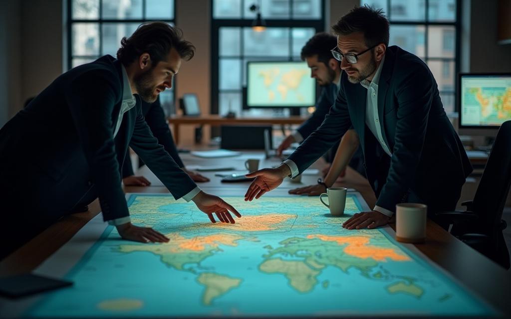 Team di Terraphasor al lavoro su grandi mappe cartacee e schermi digitali